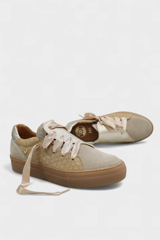 Ténis em Pele Bege e Camel com detalhes Dourados - Daydoc RENNES 5643