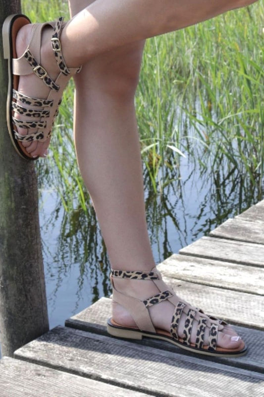 Sandálias rasas mulher Pádua bege com detalhe animal print leopardo