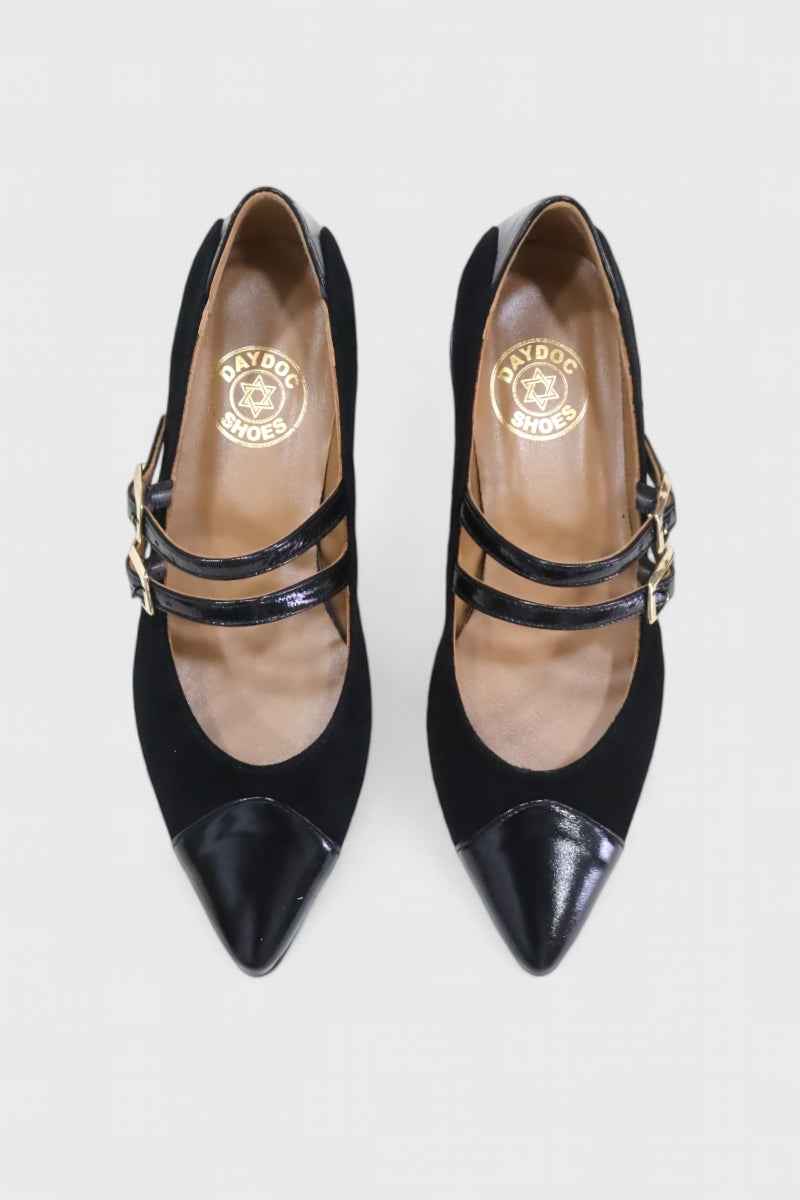 Sapatos Mary Jane pele mulher Miami preto com duas fivelas elegantes