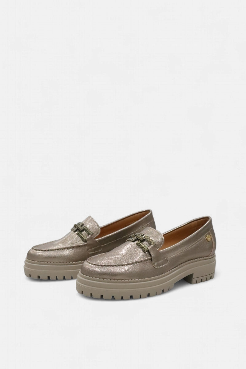 Mocassim sola chunky pele metalizada mulher Niterói bronze vista lateral