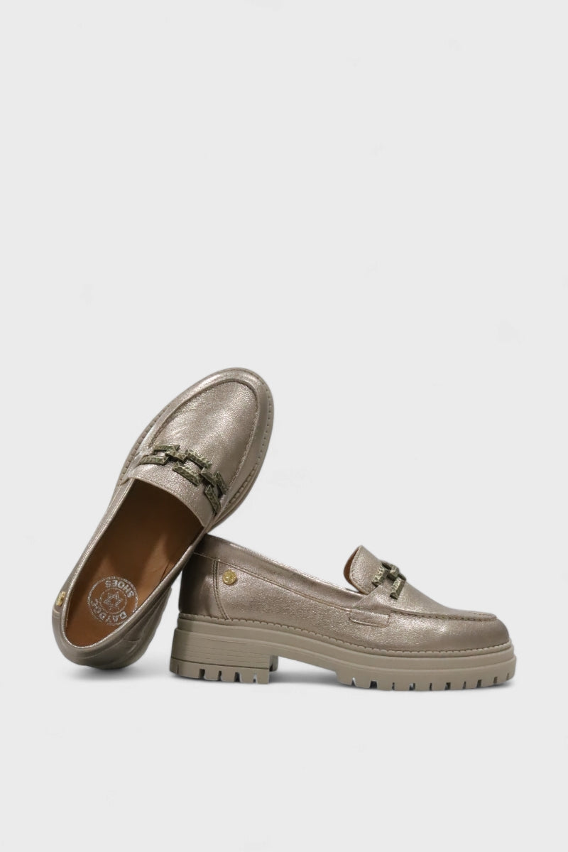 Sapatos mocassim de sola chunky em pele metalizada para mulher Daydoc Niterói bronze