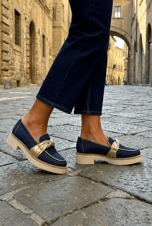 Sapatos de salto baixo em têxtil ganga para mulher Daydoc Colmar azul jeans